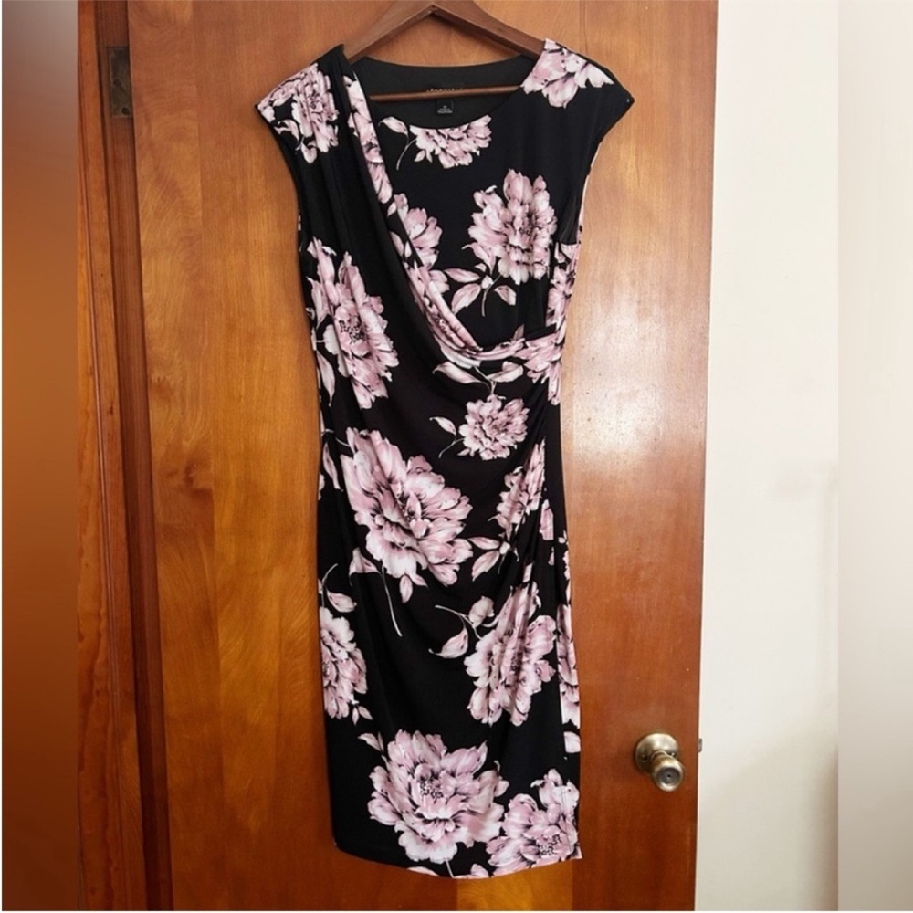 Connected Apparel, Black/Pink Floral, Faux Wrap Midi Dress, EUC, Size 12 - Picture 1 of 6